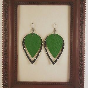 💎Handmade Leather Green and Polka Dot Earrings
